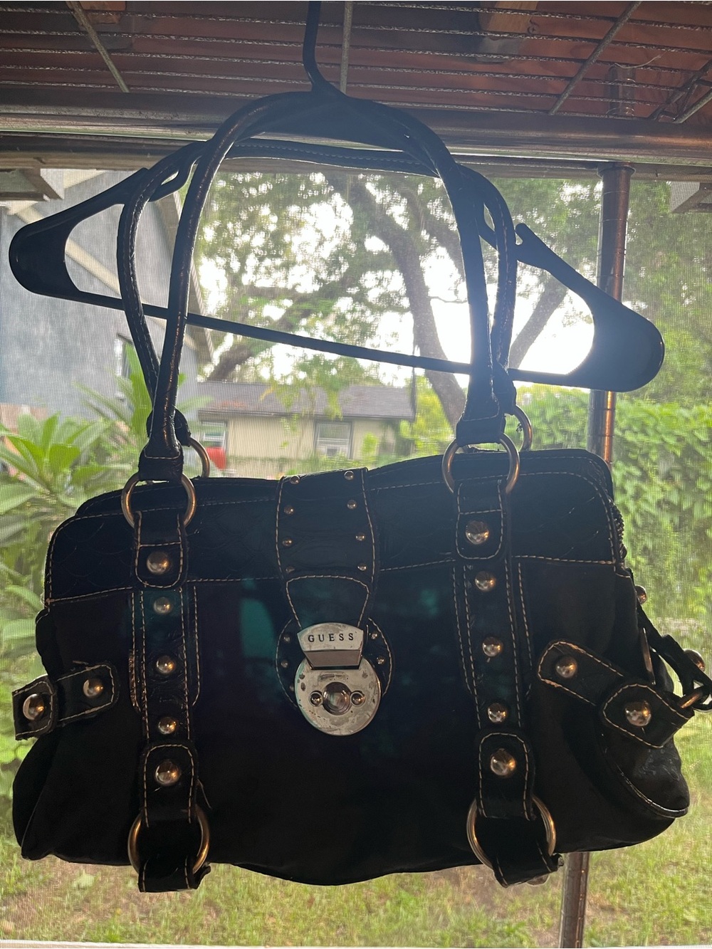 GUESS Black Quilted Shoulder Bag with Studded Strap Detail